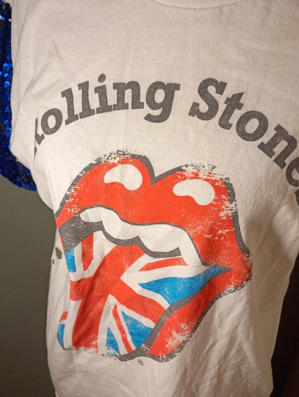 Sojara Rolling Stones Sequined British Flag Tongue T-Shirt Lg - Picture 2 of 6